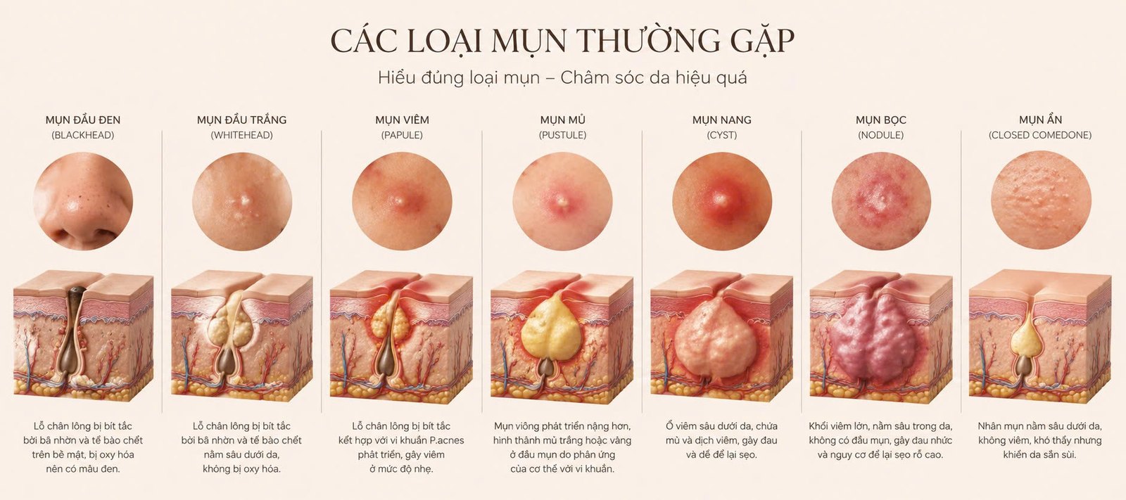Các loại mụn thường gặp và cơ chế hình thành